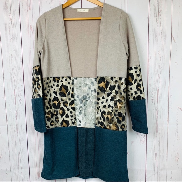 Color Block Cardigan Contrast Leopard Print - Picture 3 of 5